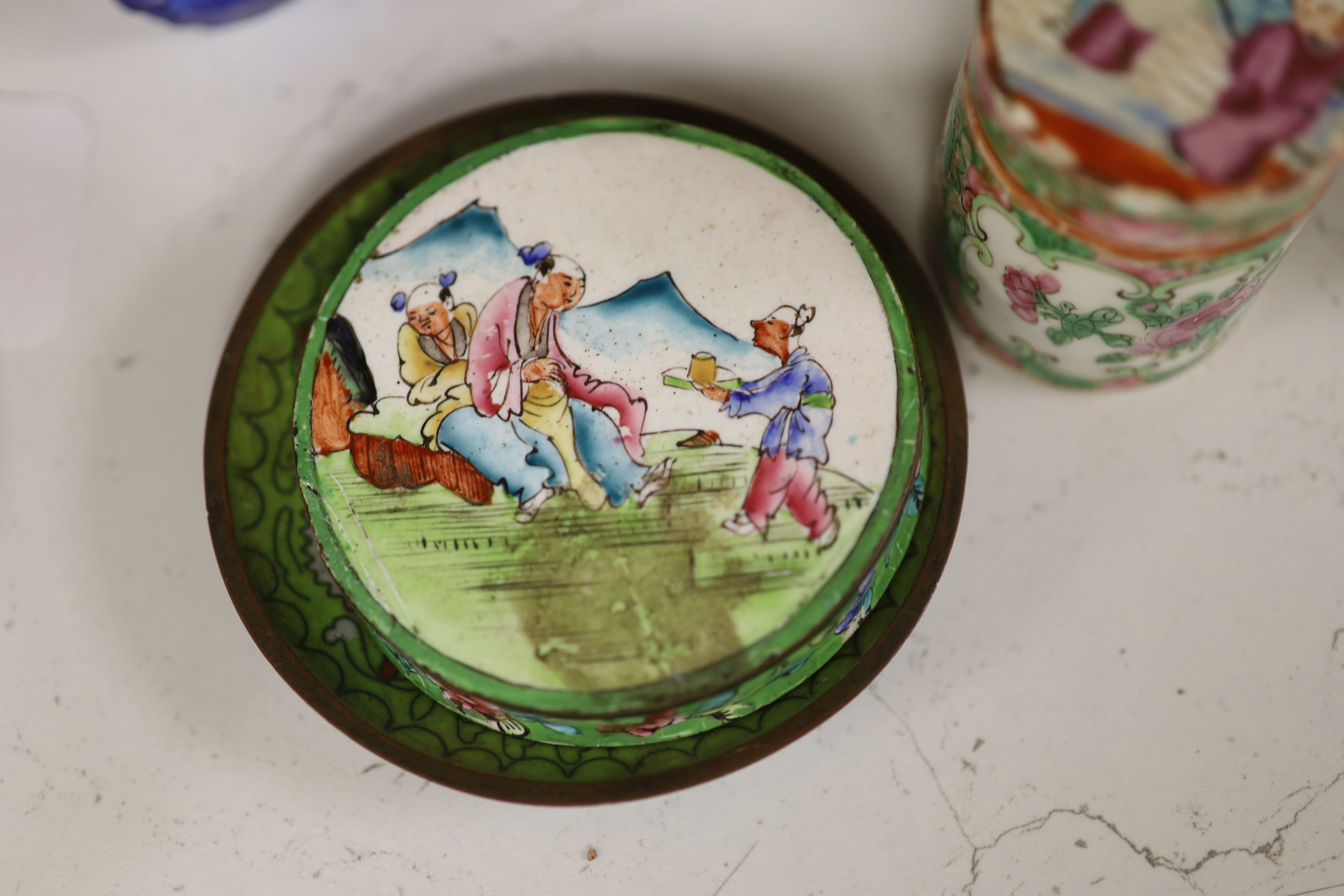 A small miscellaneous Oriental collection including enamel snuff boxes, Buddha carvings etc.